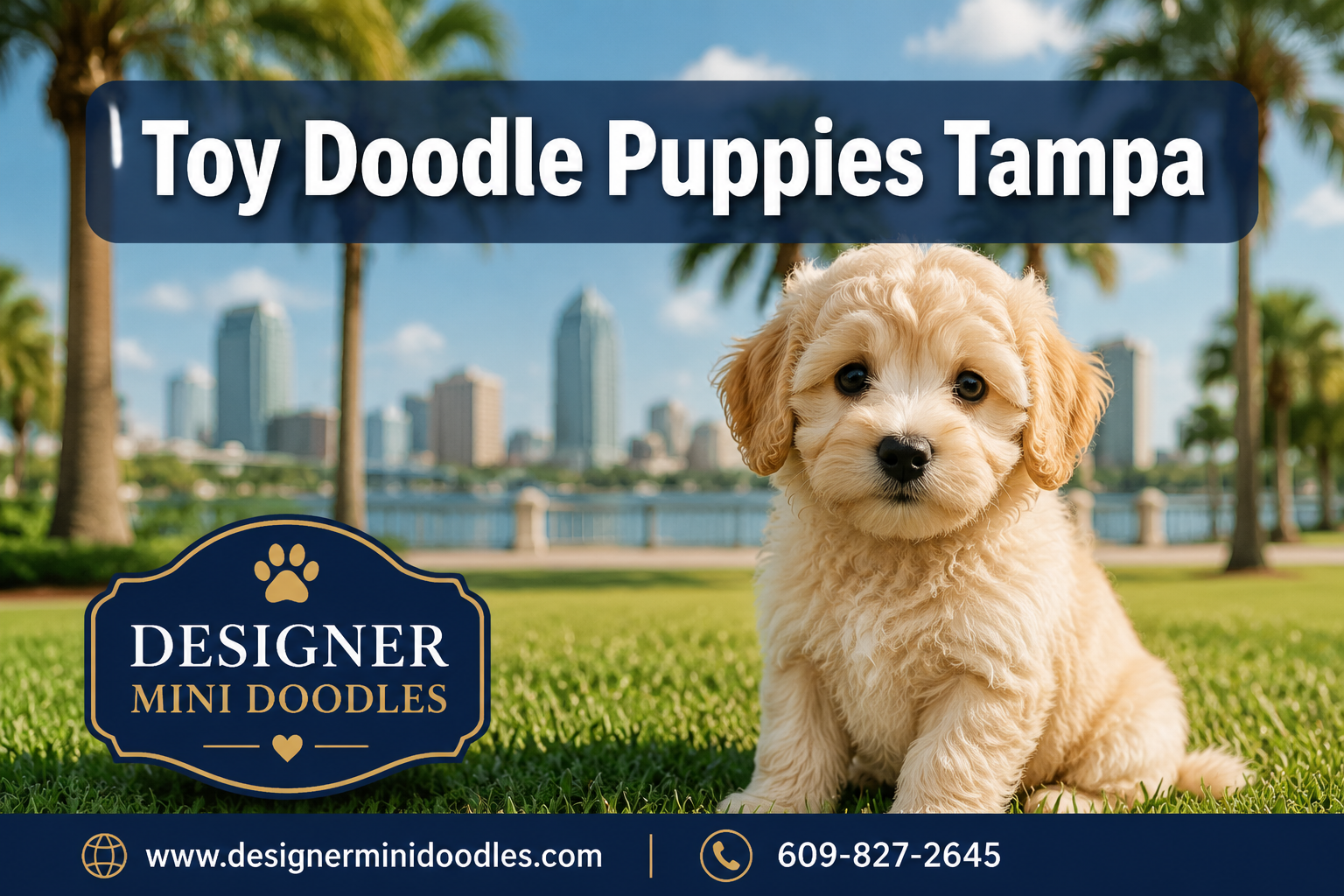 Professional () hero image with : 'Toy Doodle Puppies Tampa' in extra large white with dark and semi-transparent navy box,