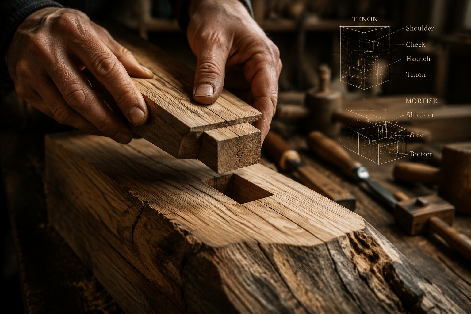 A close-up, highly detailed () image showing a craftsman's hands carefully aligning a hand-cut tenon into a mortise on a
