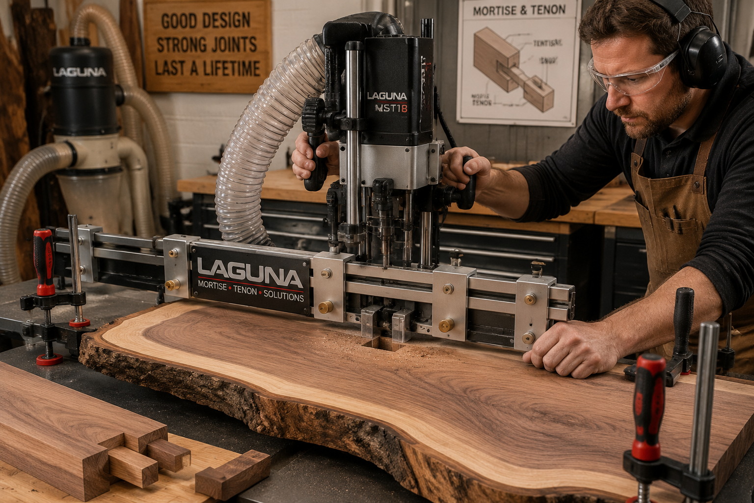 A () image demonstrating power tool setup for mortise and tenon joinery on live edge furniture, featuring a router mounted