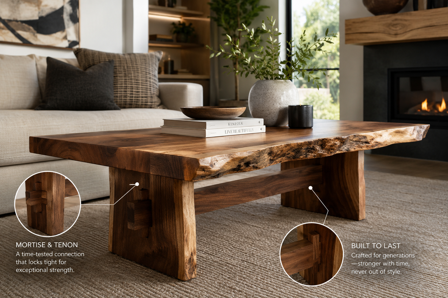 An inspiring () image of a beautifully finished live edge coffee table, held together with visible mortise and tenon joints