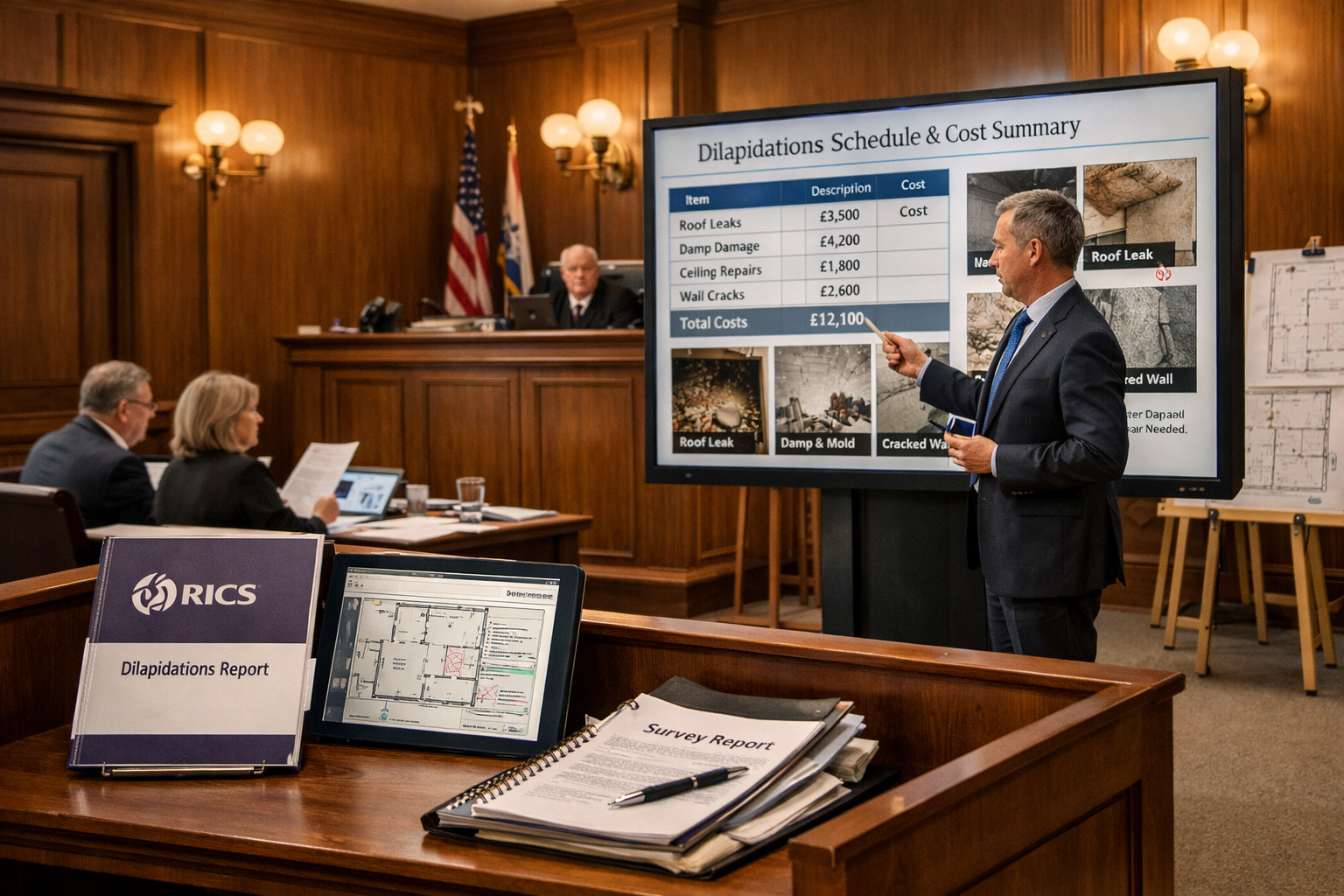 Detailed () image showing courtroom or tribunal setting with expert witness stand in foreground, repair photographs, and
