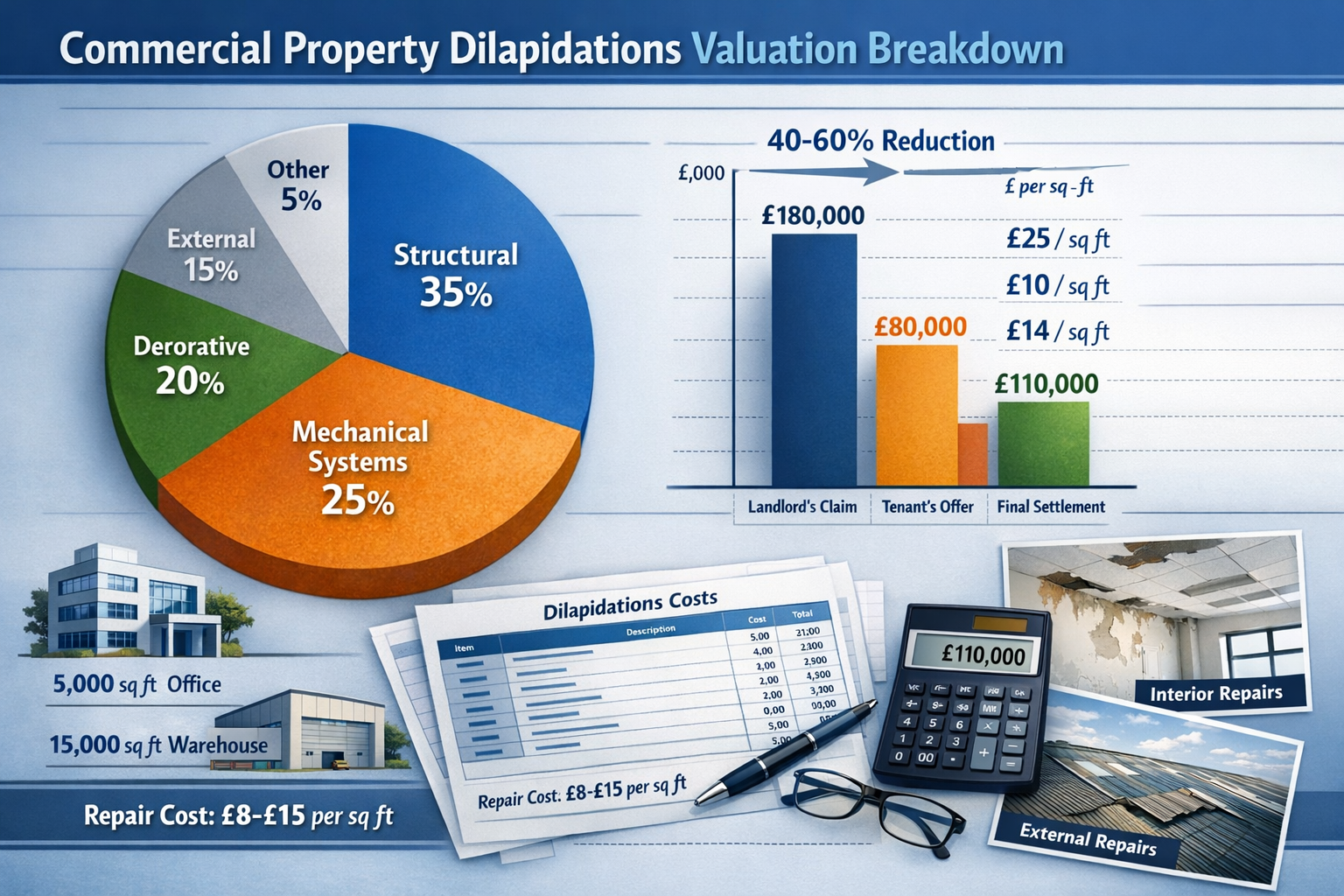 Comprehensive () infographic-style image displaying commercial property dilapidations valuation breakdown with multiple