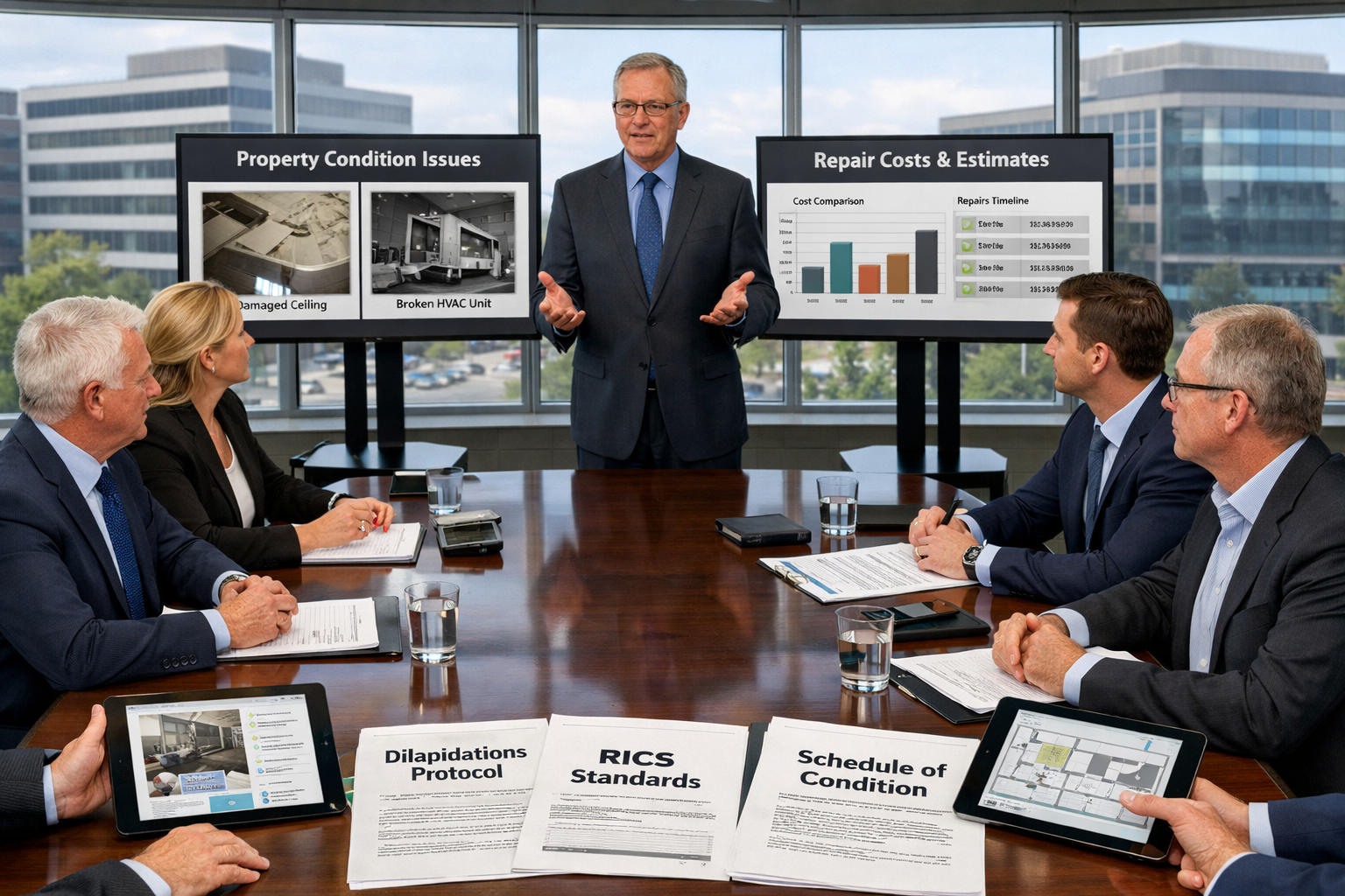 Detailed () image showing professional negotiation and dispute resolution scene in modern conference room with large windows