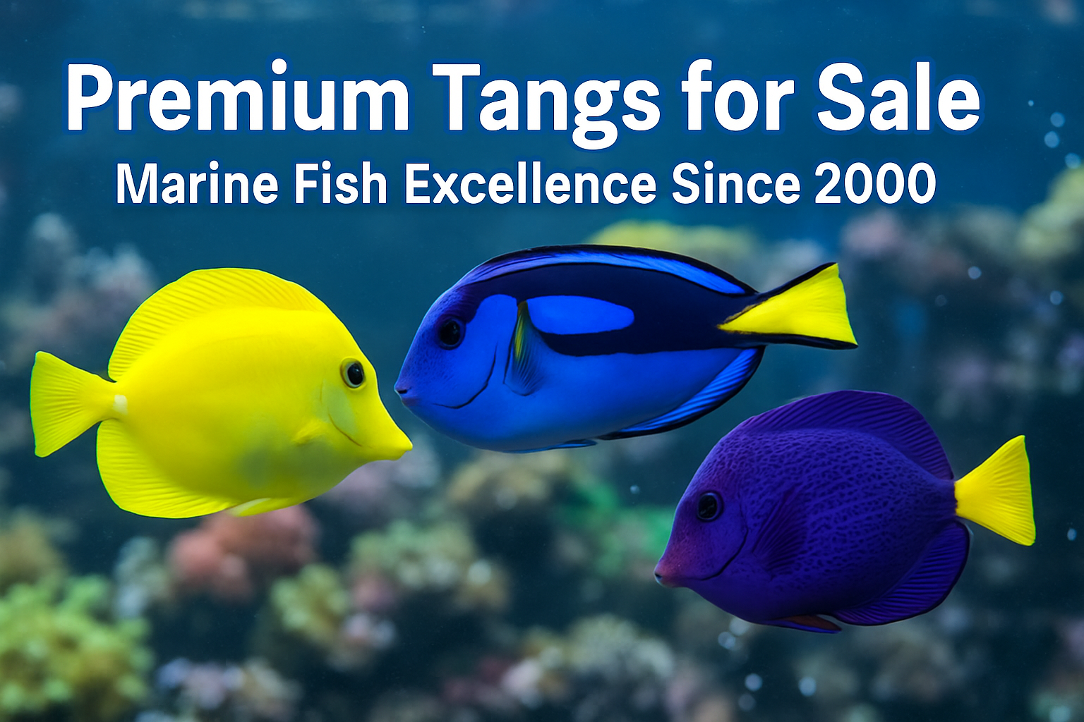 Professional landscape hero image (1536x1024) featuring vibrant tropical tangs swimming in crystal clear aquarium water with bold text overl