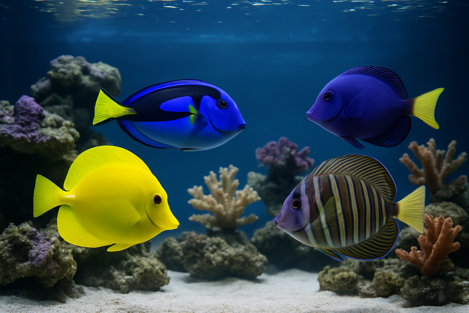 Detailed aquarium scene showing multiple tang species (yellow tang, blue tang, purple tang, sailfin tang) swimming together in spacious mari