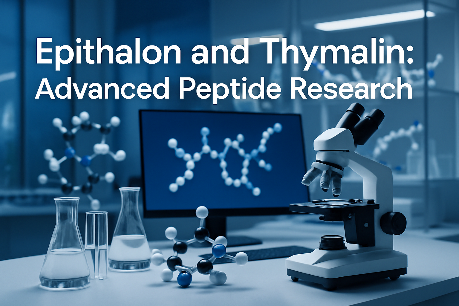 Professional landscape hero image (1536x1024) featuring bold text overlay 'Epithalon and Thymalin: Advanced Peptide Research' in extra large