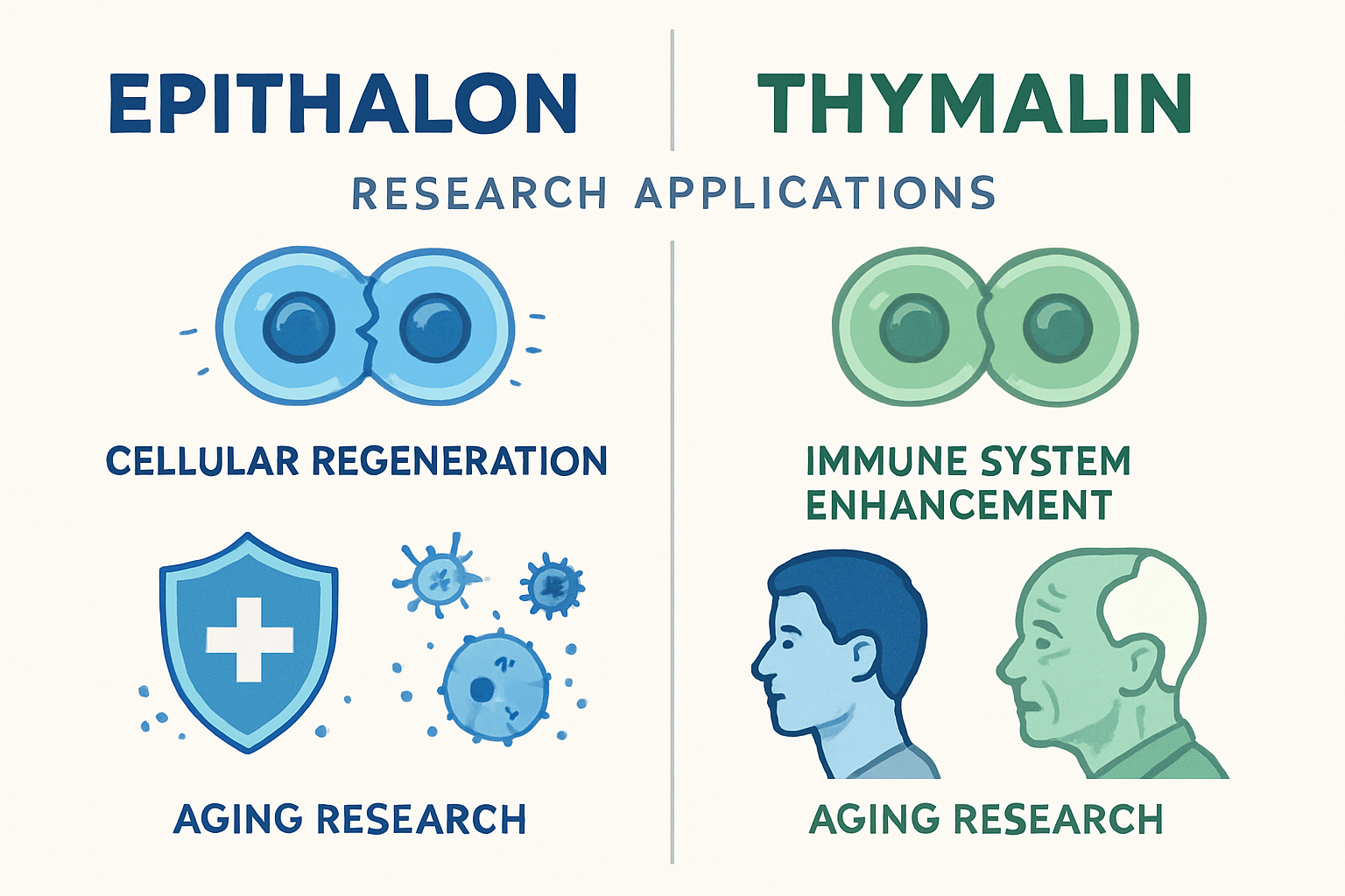 Comparative infographic displaying epithalon and thymalin research applications, split-screen layout showing cellular regeneration processes
