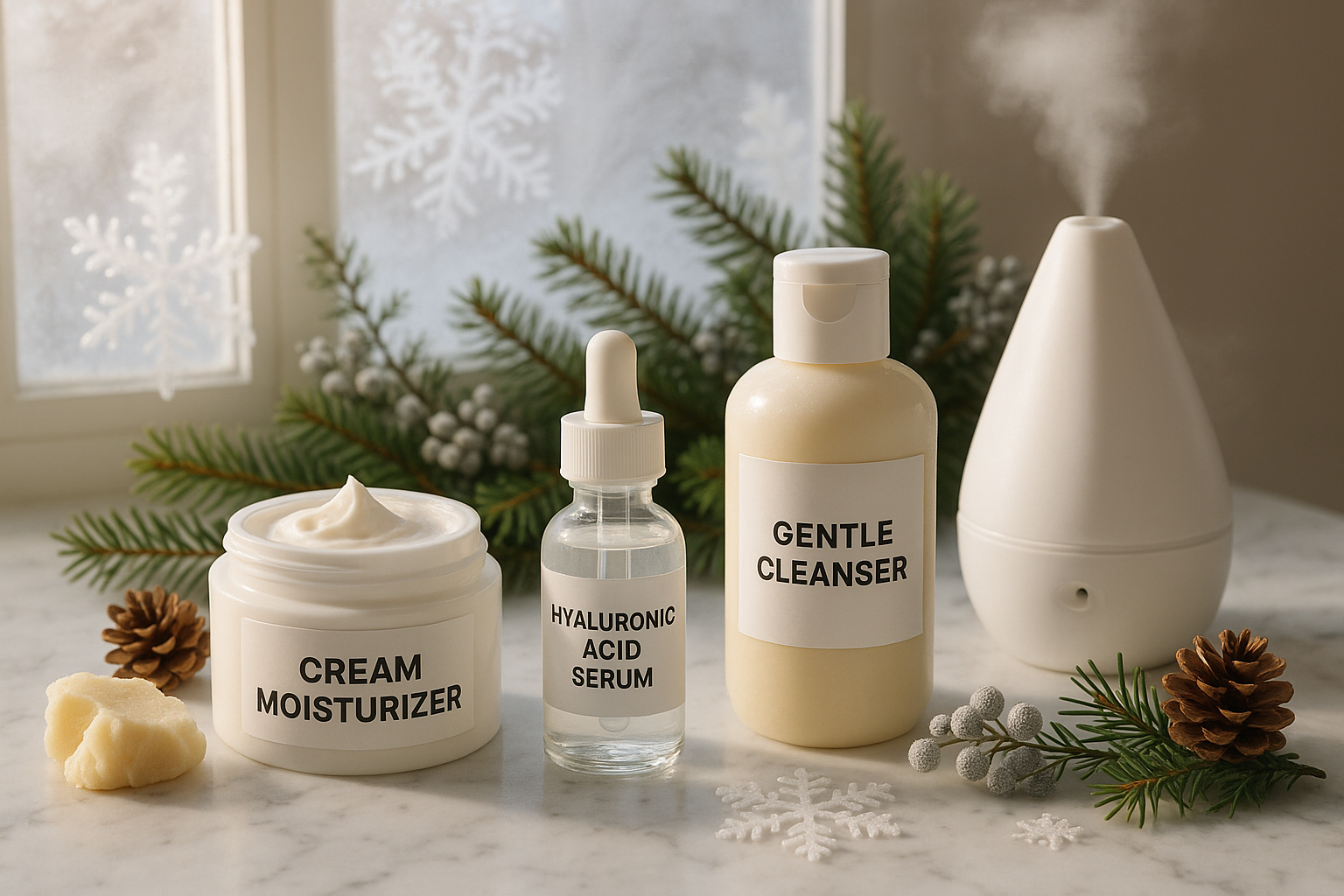 Detailed editorial photograph (1536x1024) showing essential winter skincare products arranged on marble surface with winter elements. Featur