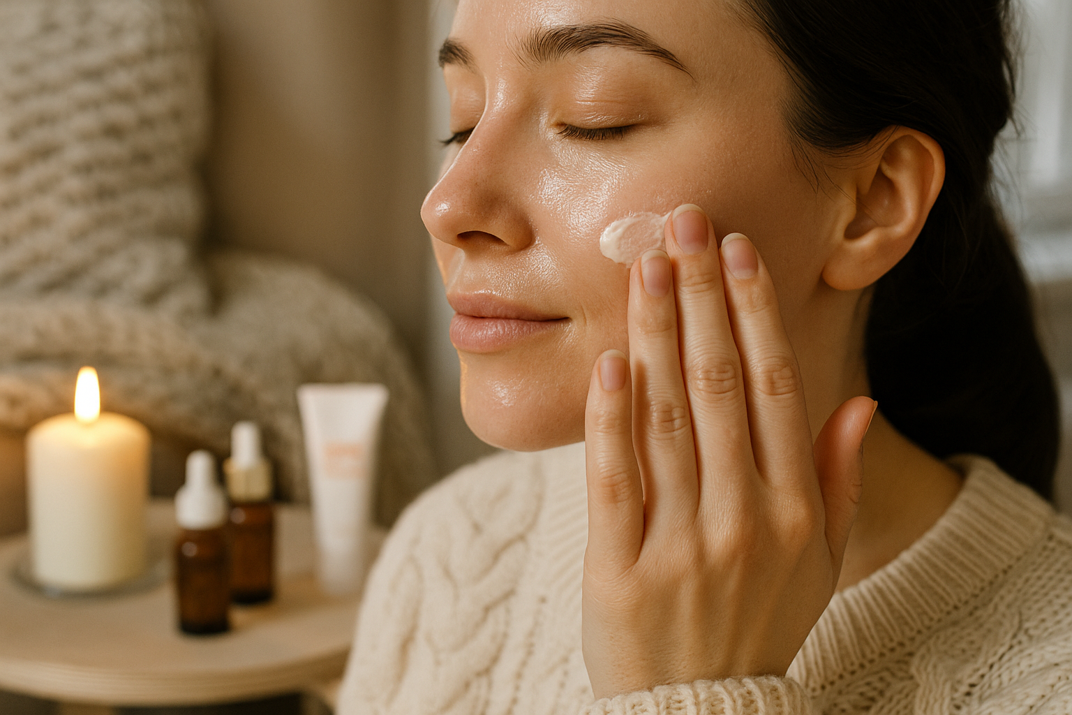 Close-up lifestyle photograph (1536x1024) showing woman's glowing, radiant skin in winter setting, applying moisturizer to cheek with finger