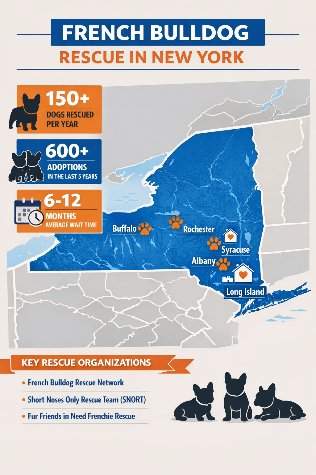 Portrait format (1024x1536) infographic showing map of New York state with highlighted rescue locations, adoption center icons, and French B