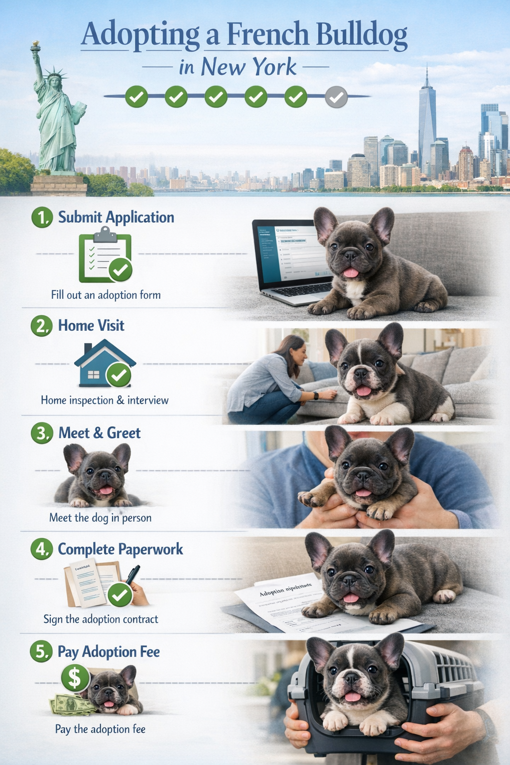 Portrait format (1024x1536) step-by-step visual guide showing the French Bulldog adoption process in New York. Features numbered steps from 
