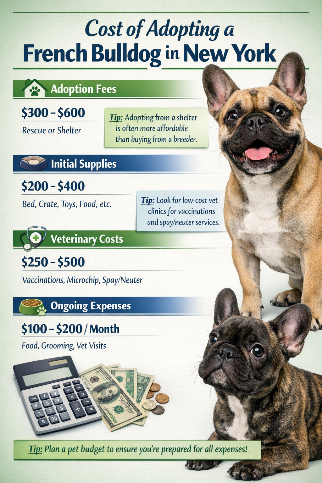 Portrait format (1024x1536) cost breakdown infographic for French Bulldog adoption in New York. Visual chart showing adoption fees, initial 