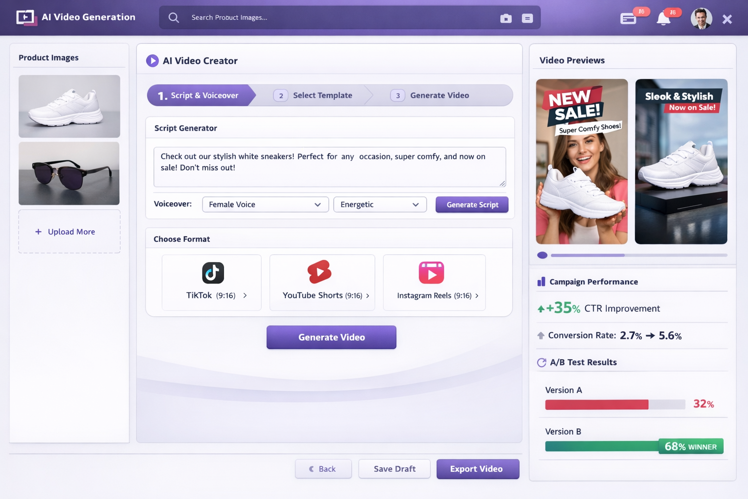 Landscape format (1536x1024) detailed screenshot mockup of AI video generation platform dashboard showing product photo to video transformat