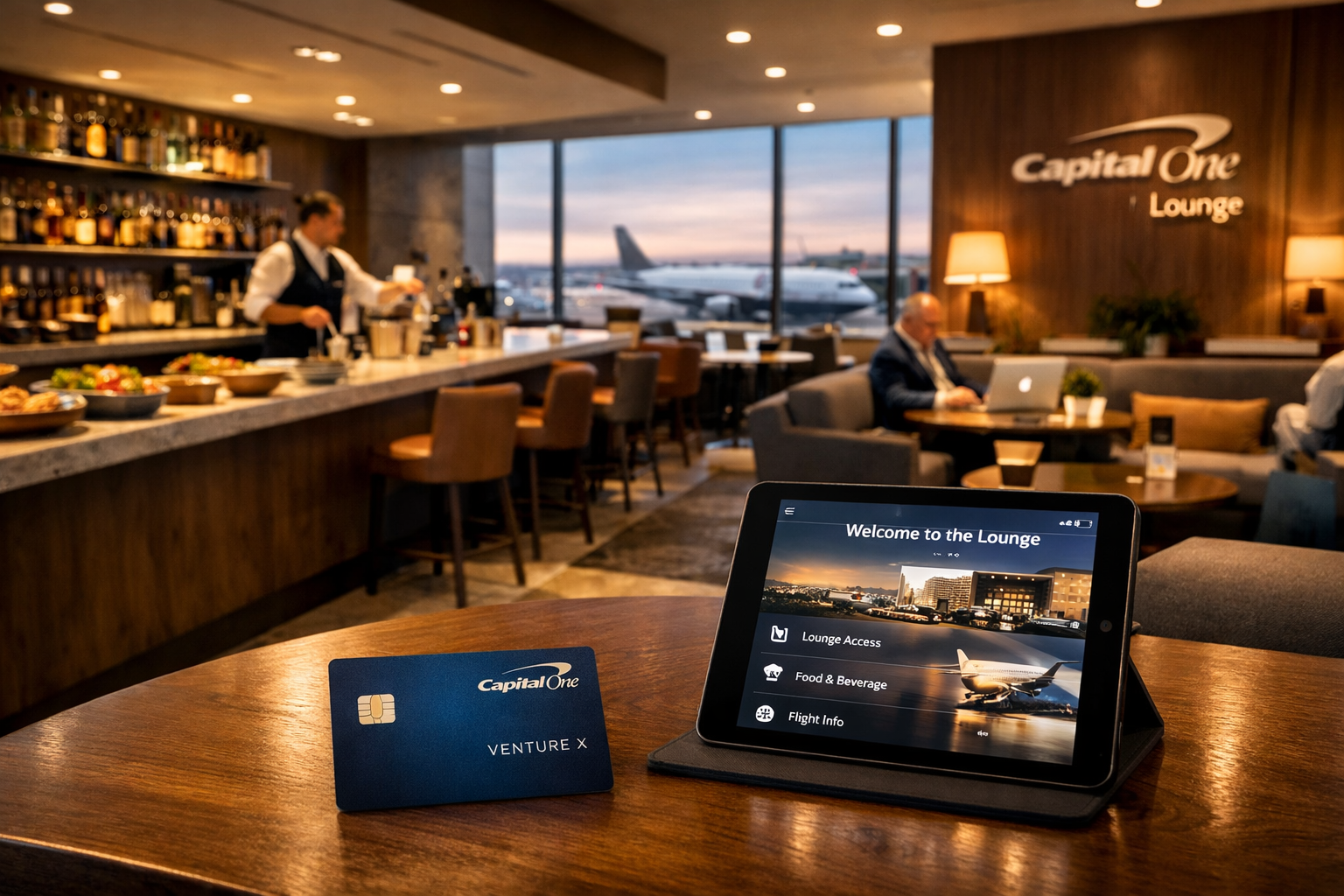 Sophisticated landscape photograph (1536x1024) of Capital One Lounge interior at major airport showing premium amenities: craft cocktail bar