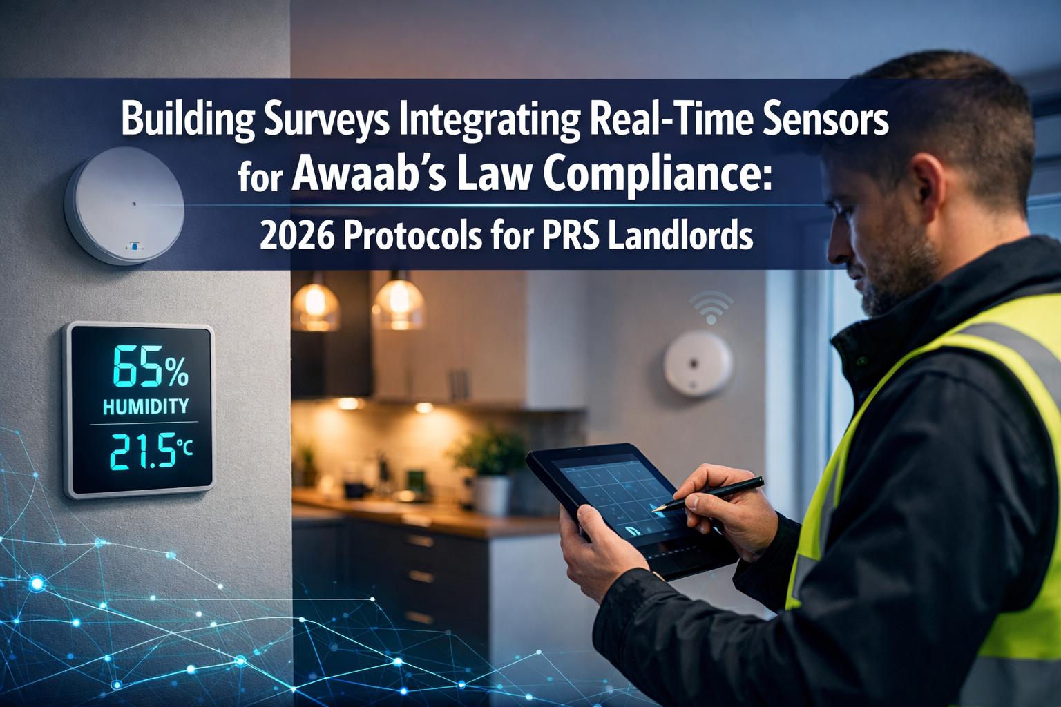Professional () hero image with : 'Building Surveys Integrating Real-Time Sensors for Awaab's Law Compliance: 2026 Protocols