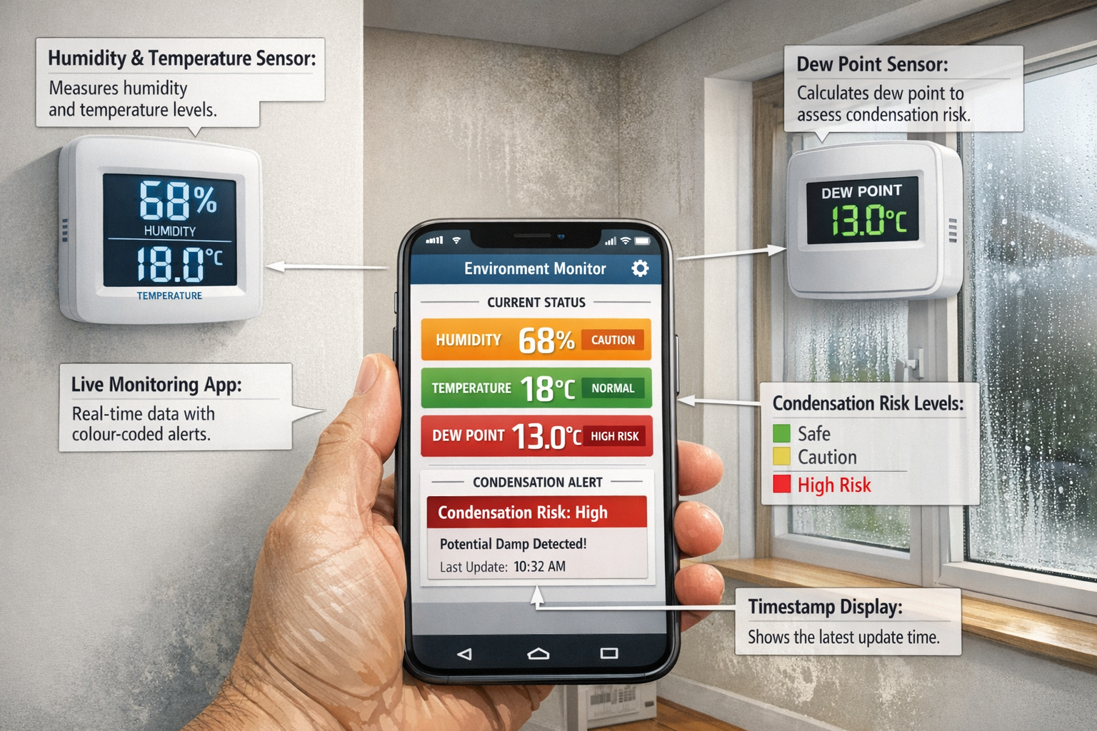 Detailed () image showing close-up of multiple real-time environmental sensors installed throughout a residential property