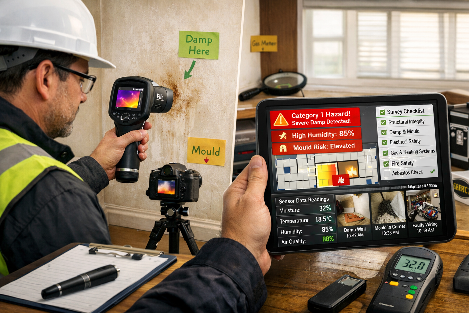 Detailed () image depicting a professional surveyor conducting a comprehensive Level 3 building survey in a PRS property,