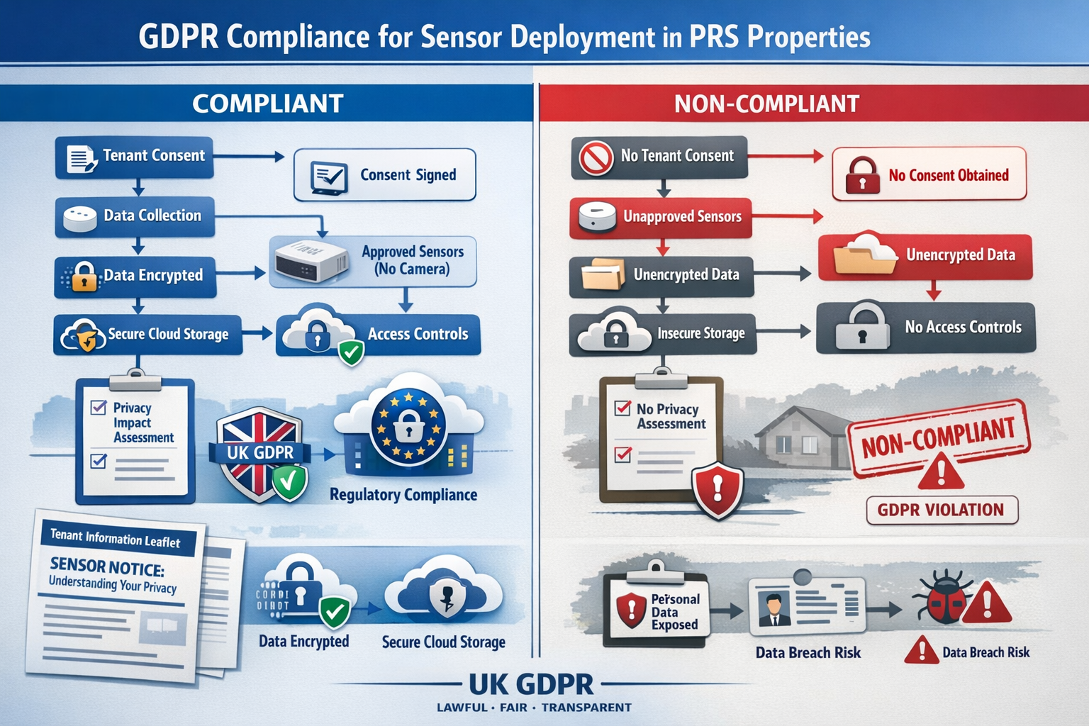 Detailed () infographic-style image showing GDPR compliance framework for sensor deployment in PRS properties, featuring