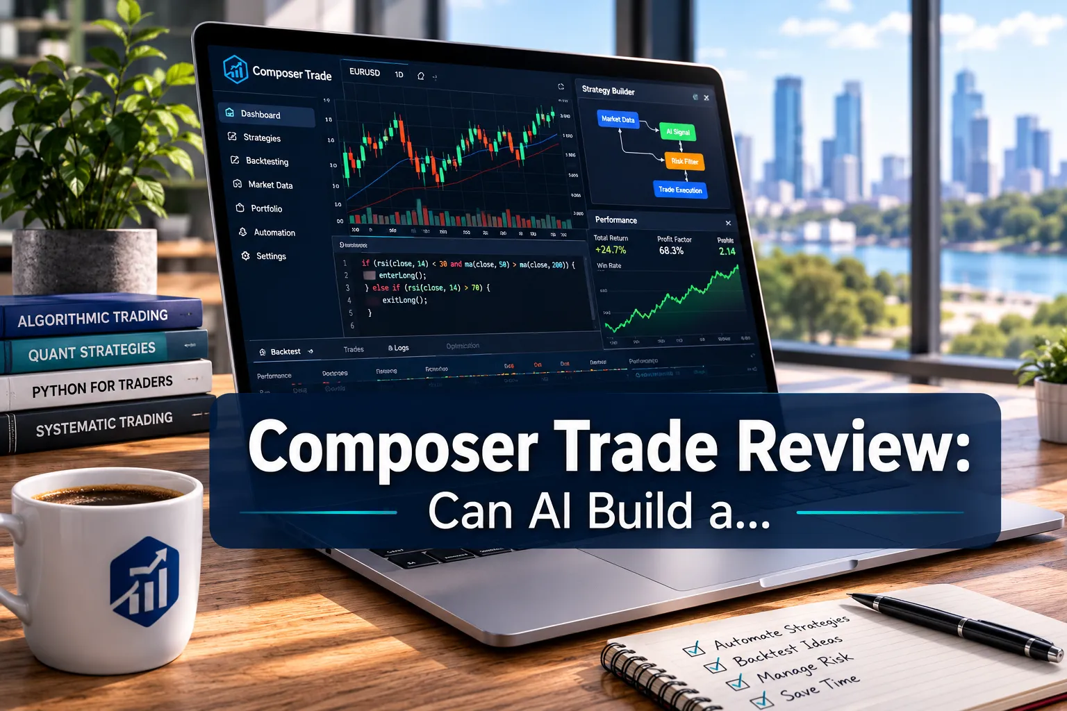 Professional () hero image with 'Composer Trade Review: Can AI Build a…' (≤42 chars) in crisp white on a semi-transparent