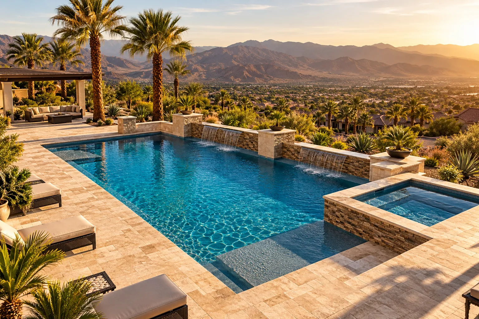 Editorial () cover image, no . Aerial perspective of a luxurious Inland Empire backyard pool surrounded by light-colored