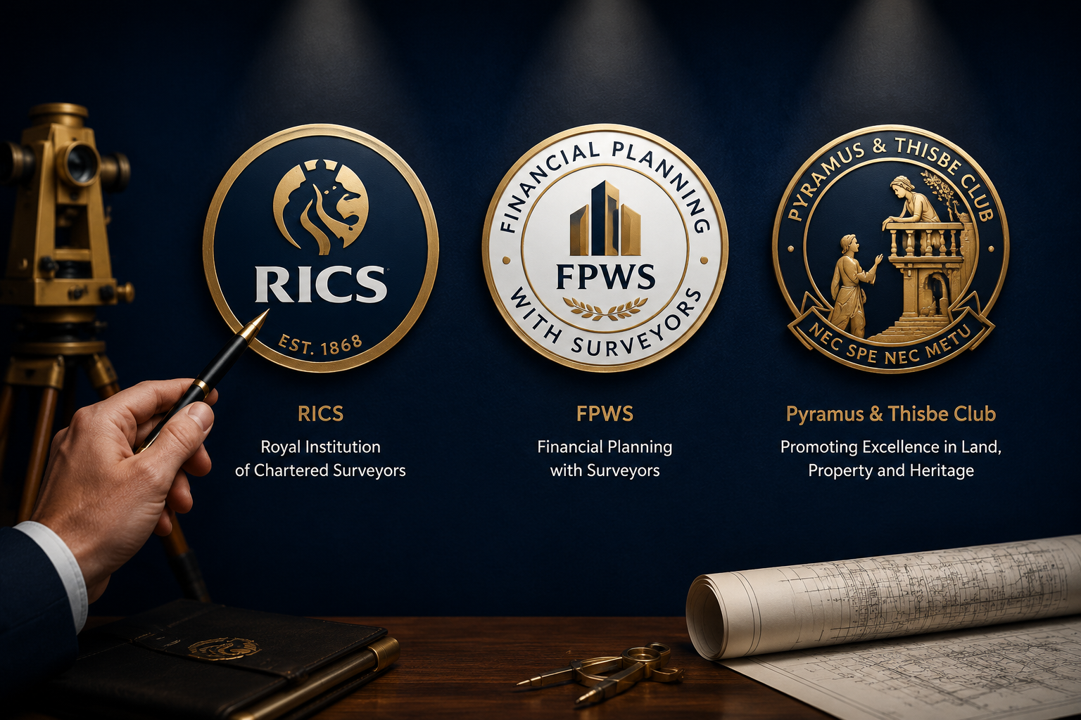 Wide-angle editorial illustration showing three official professional accreditation badges — RICS, FPWS, and Pyramus &