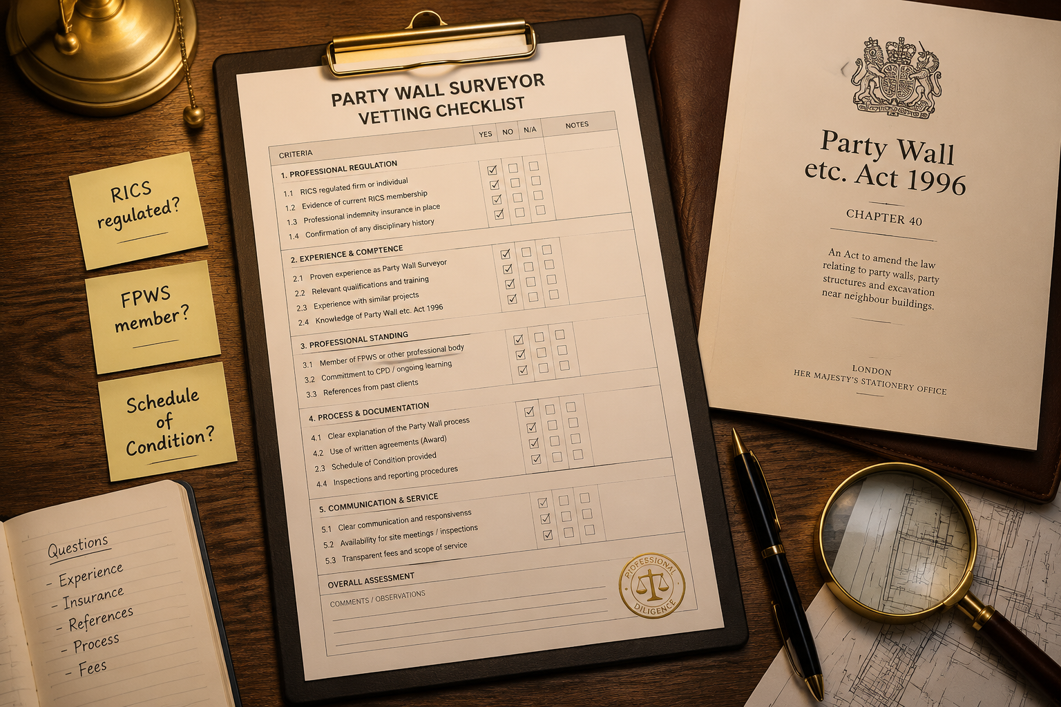 Overhead bird's-eye view of a surveyor's desk showing a detailed party wall checklist on a clipboard, a printed Party Wall