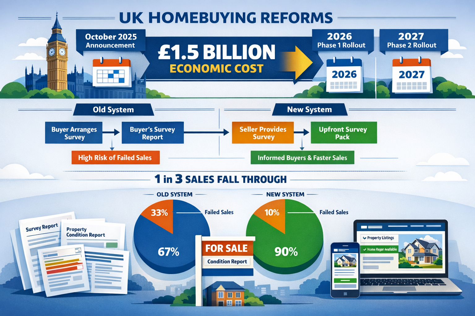 Detailed landscape format (1536x1024) editorial illustration showing timeline infographic of UK government homebuying reform implementation 