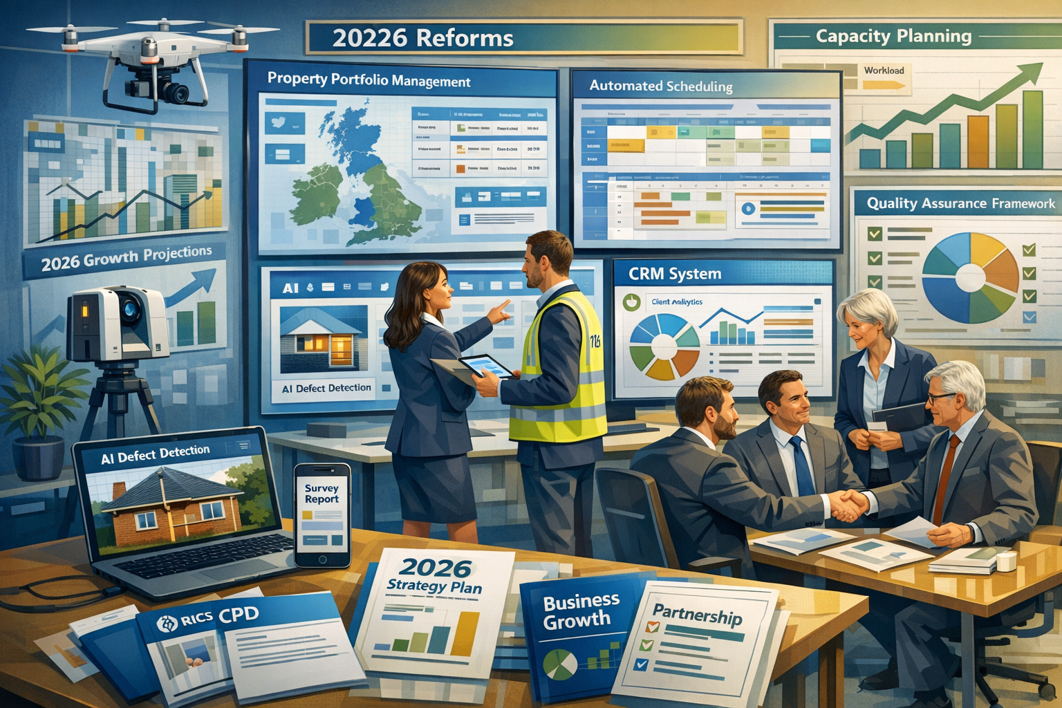 Strategic landscape format (1536x1024) forward-looking illustration showing surveying industry preparation strategies for 2026 reforms. Cent