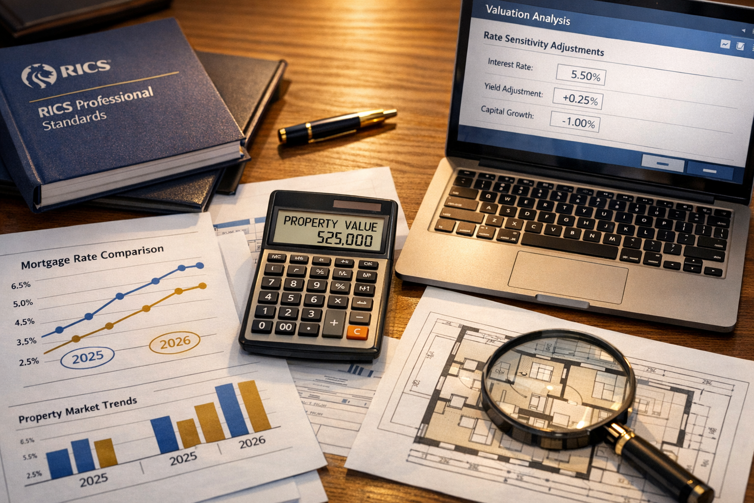 Detailed () editorial image showing close-up of professional surveyor's workspace with multiple assessment documents spread