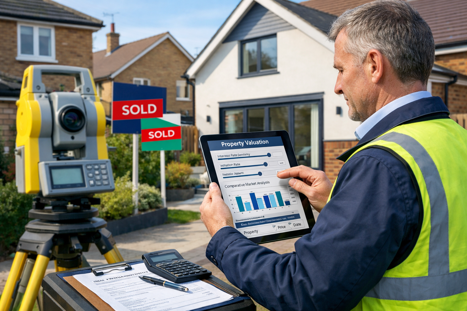Detailed () conceptual image showing professional surveyor conducting on-site property inspection of modern UK home