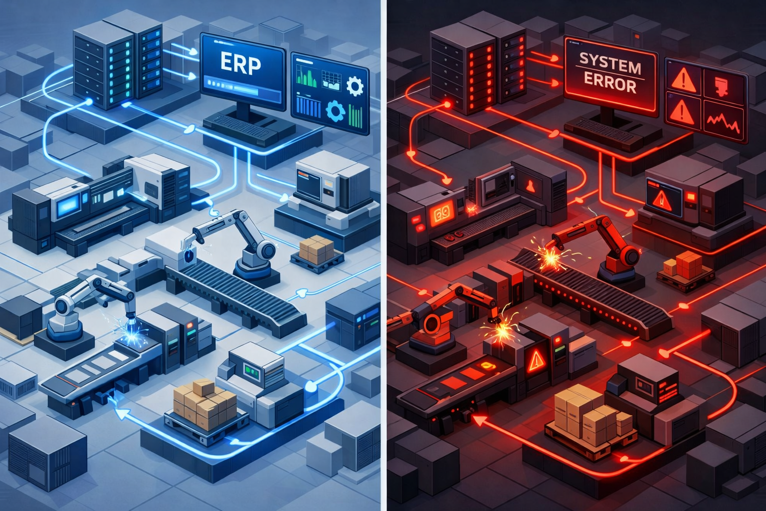 Landscape format (1536x1024) illustration showing interconnected manufacturing systems with IT infrastructure overlay. Visual depicts produc