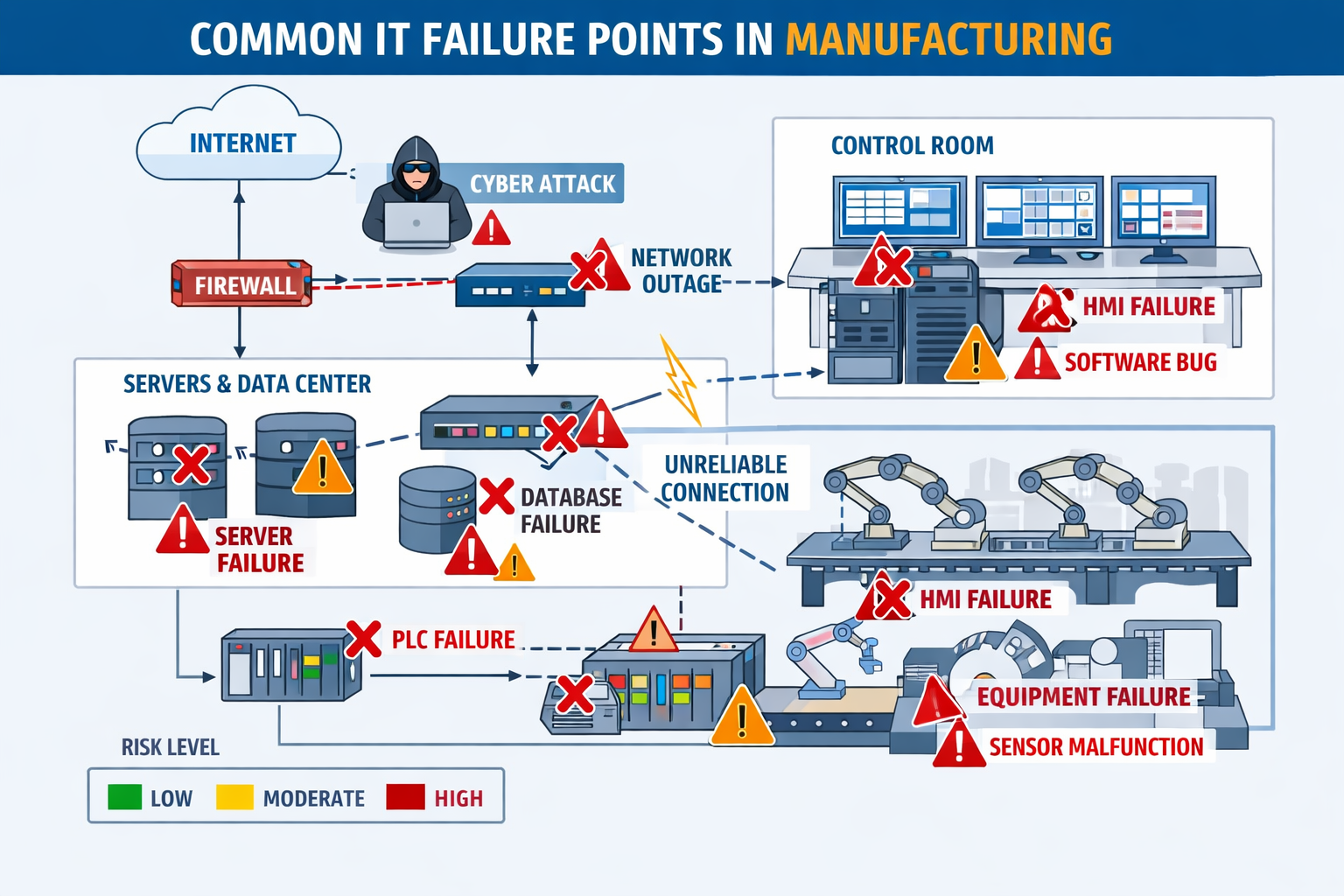 Landscape format (1536x1024) technical diagram illustrating common IT failure points in manufacturing. Visual shows network infrastructure, 
