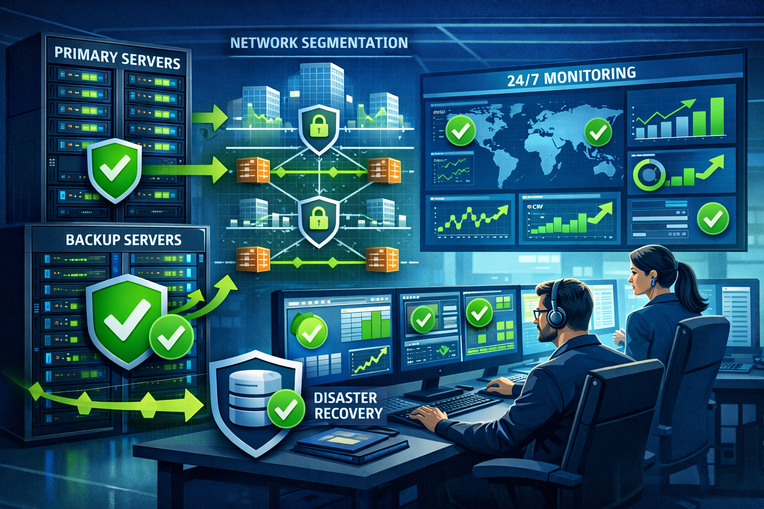 Landscape format (1536x1024) solution-focused illustration showing robust IT infrastructure with redundancy and monitoring systems. Visual d