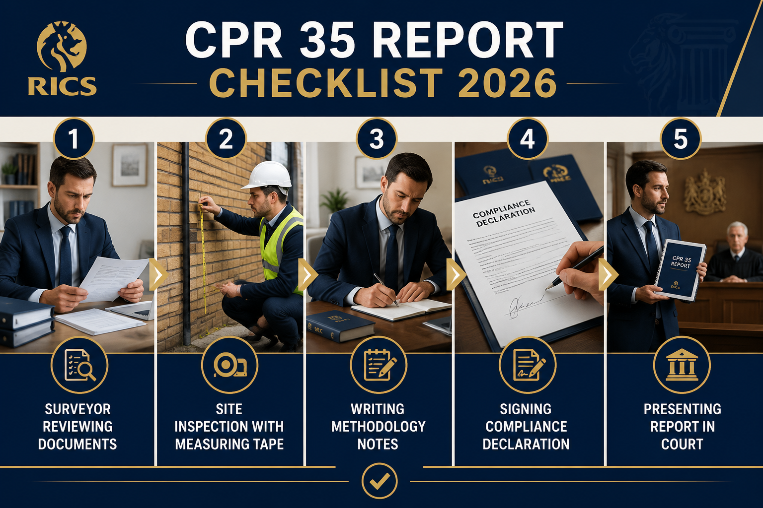 () step-by-step infographic style image showing five sequential panels representing CPR Part 35 report compliance stages: