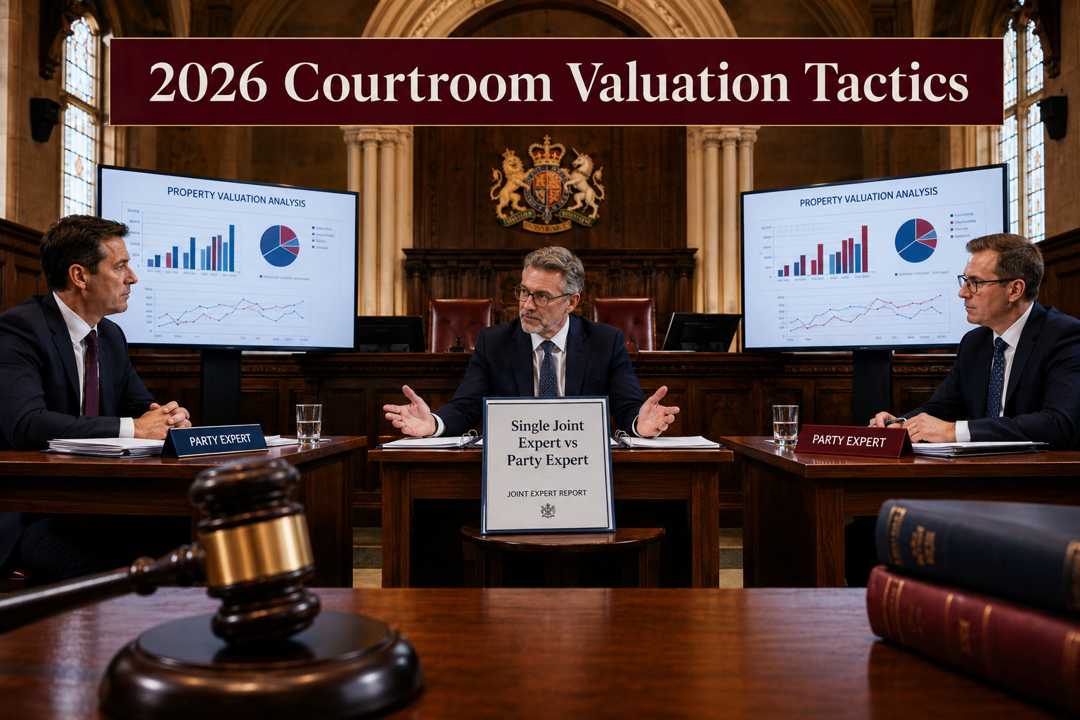 () dynamic courtroom strategy scene showing two opposing expert witnesses seated at separate tables with property valuation