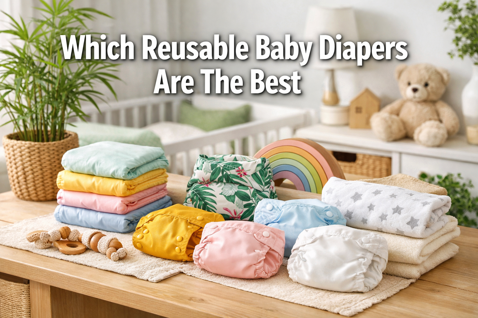Professional landscape hero image (1536x1024) featuring bold text overlay 'Which Reusable Baby Diapers Are The Best' in extra large 72pt whi