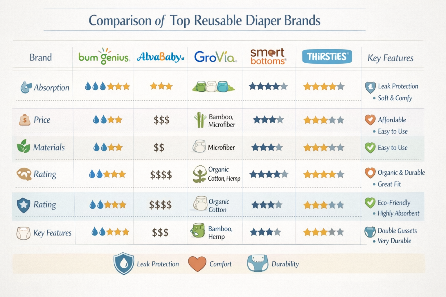 Detailed infographic showing comparison chart of top reusable diaper brands with visual elements including absorption ratings, price points,