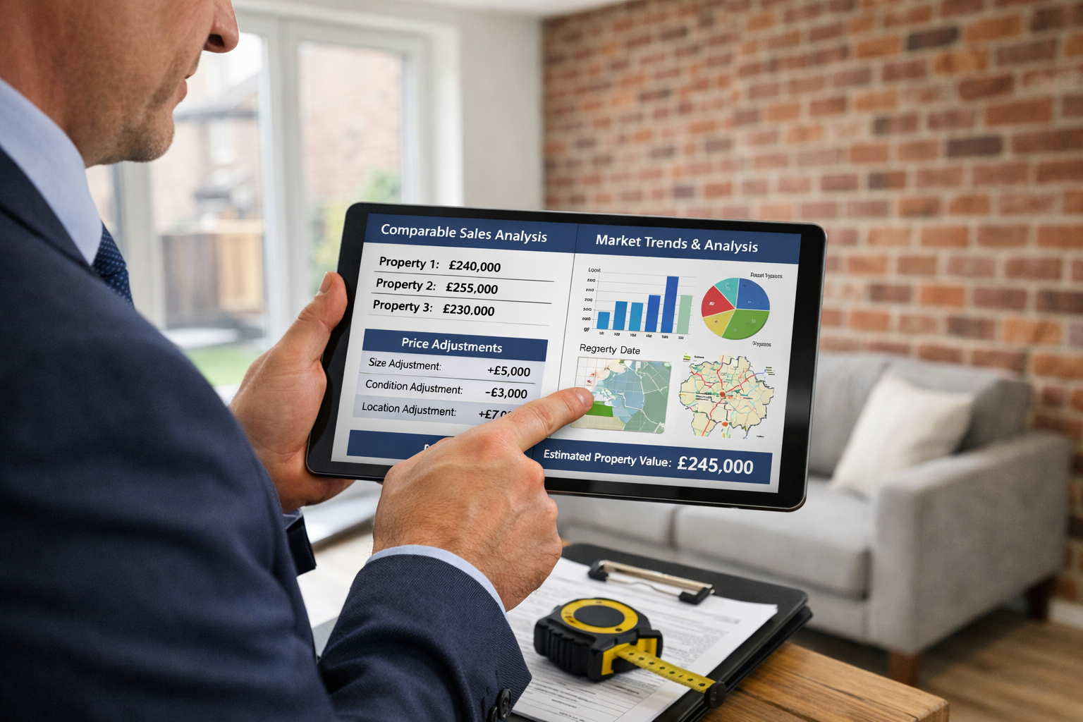 () professional surveyor in business attire conducting property valuation inspection inside modern North West England