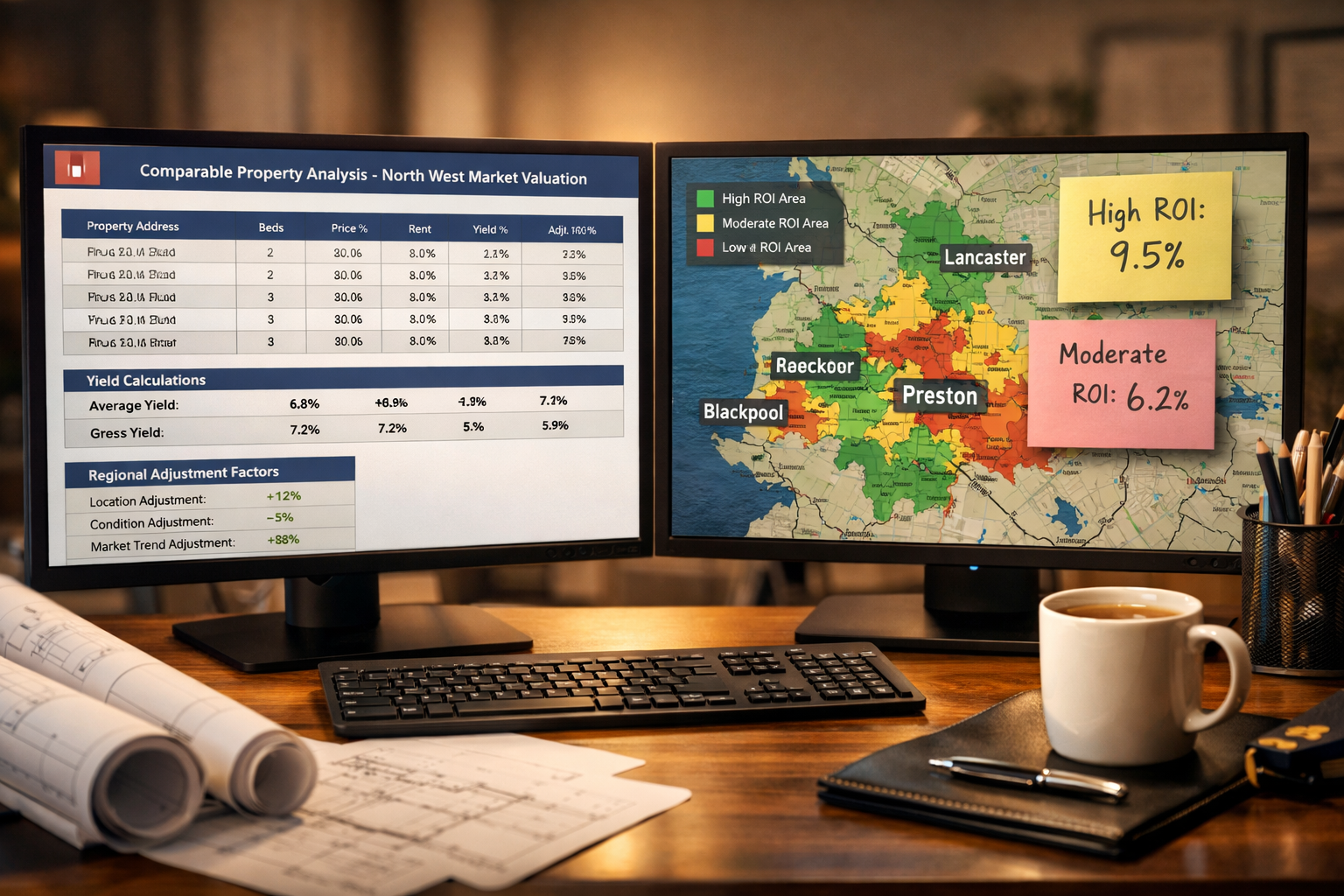 () modern office workspace showing dual monitor setup displaying property valuation software with split screen: left monitor