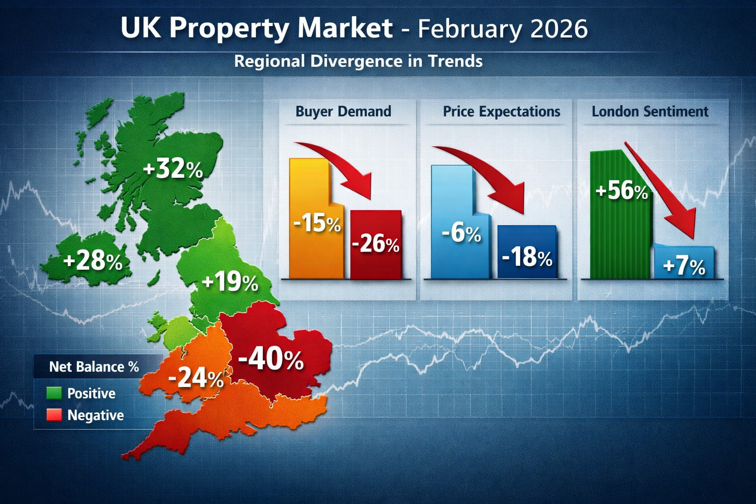 () dramatic visualization of February 2026 UK property market data showing regional divergence: large map of United Kingdom