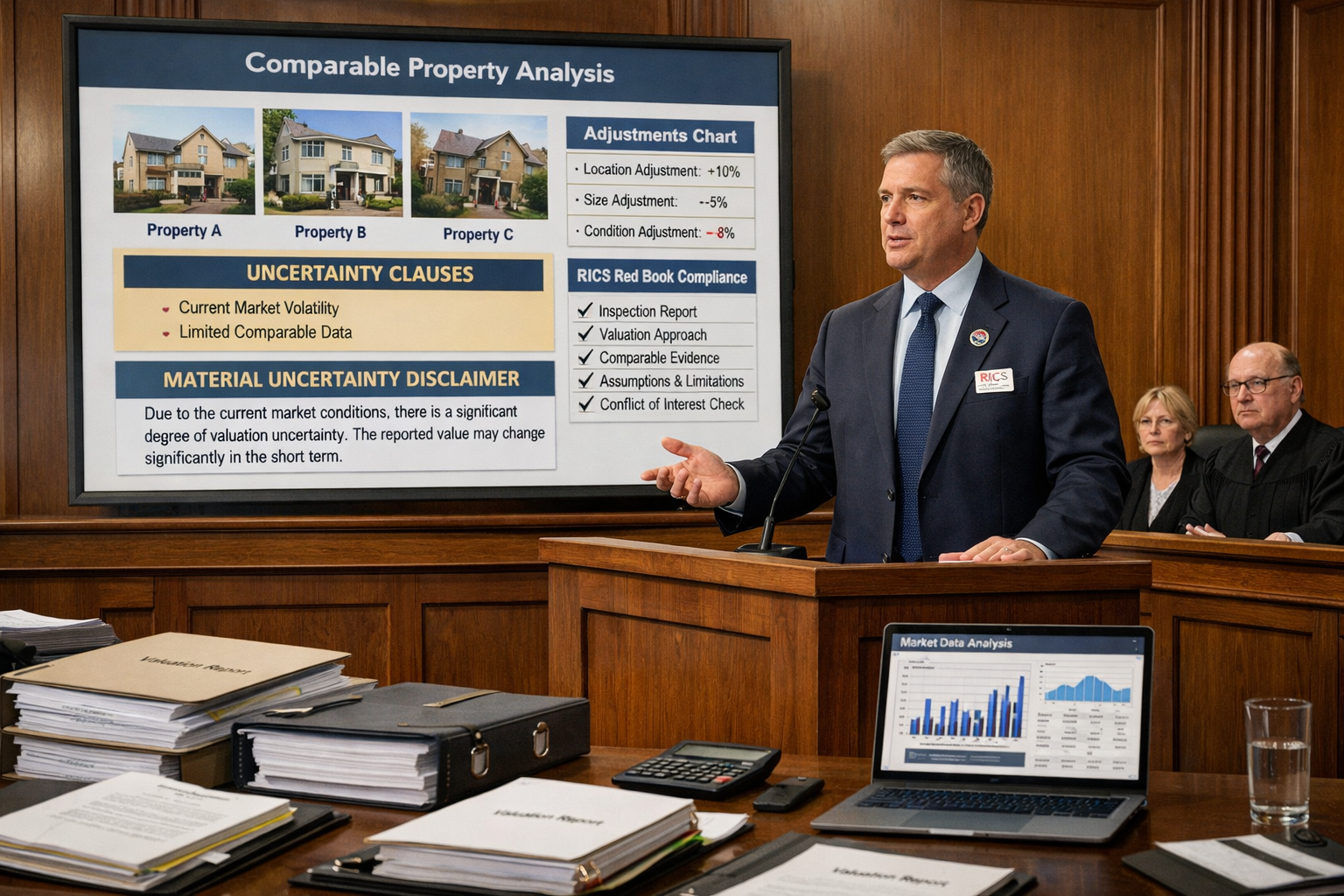 () professional courtroom or tribunal scene showing expert witness surveyor presenting valuation evidence: central figure in