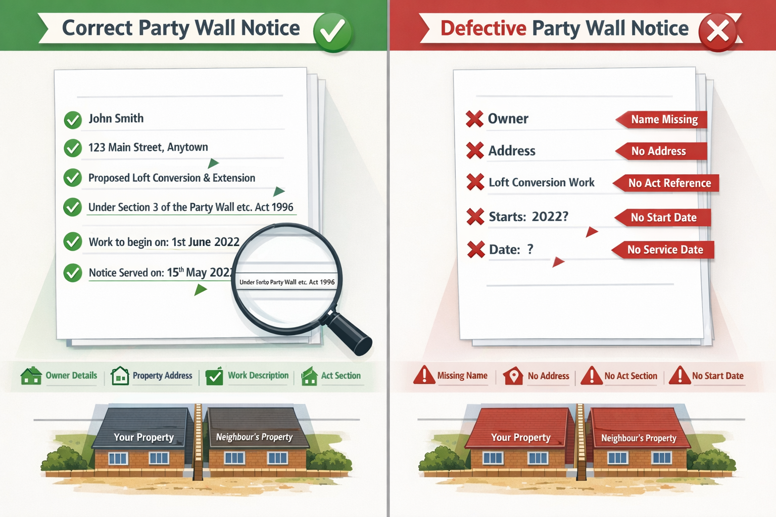 () detailed infographic showing checklist-style diagram of mandatory party wall notice elements. Split-screen composition: