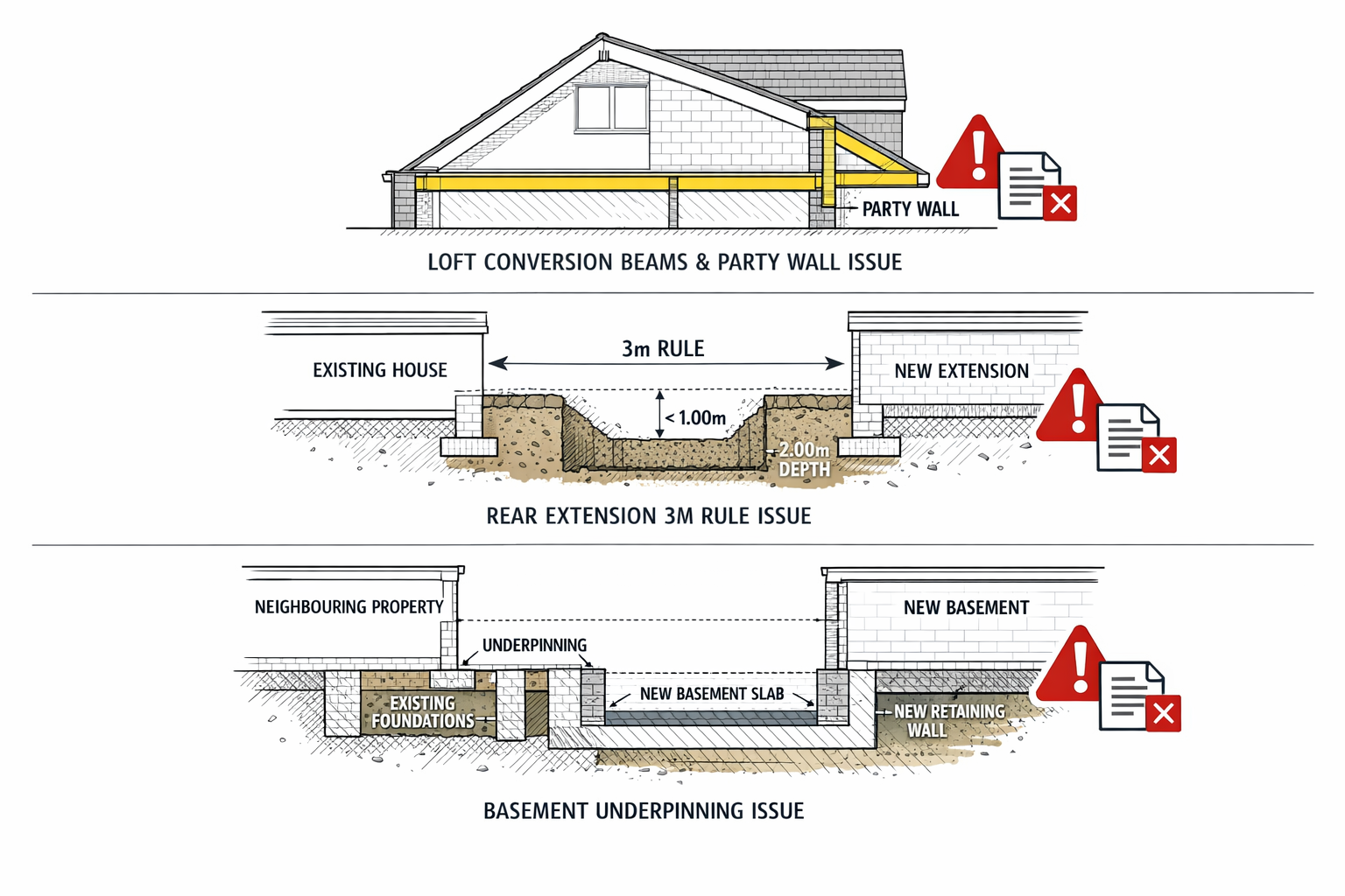 () split comparison image showing three common party wall project scenarios prone to drafting errors. Top third: loft