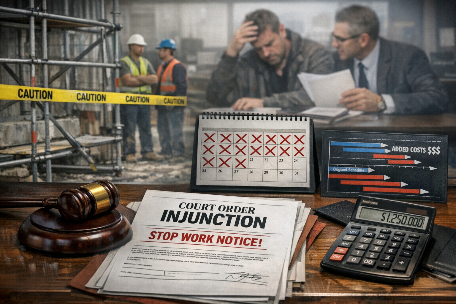 () dramatic courtroom or legal office scene showing the consequences of invalid notices. Foreground: construction site with