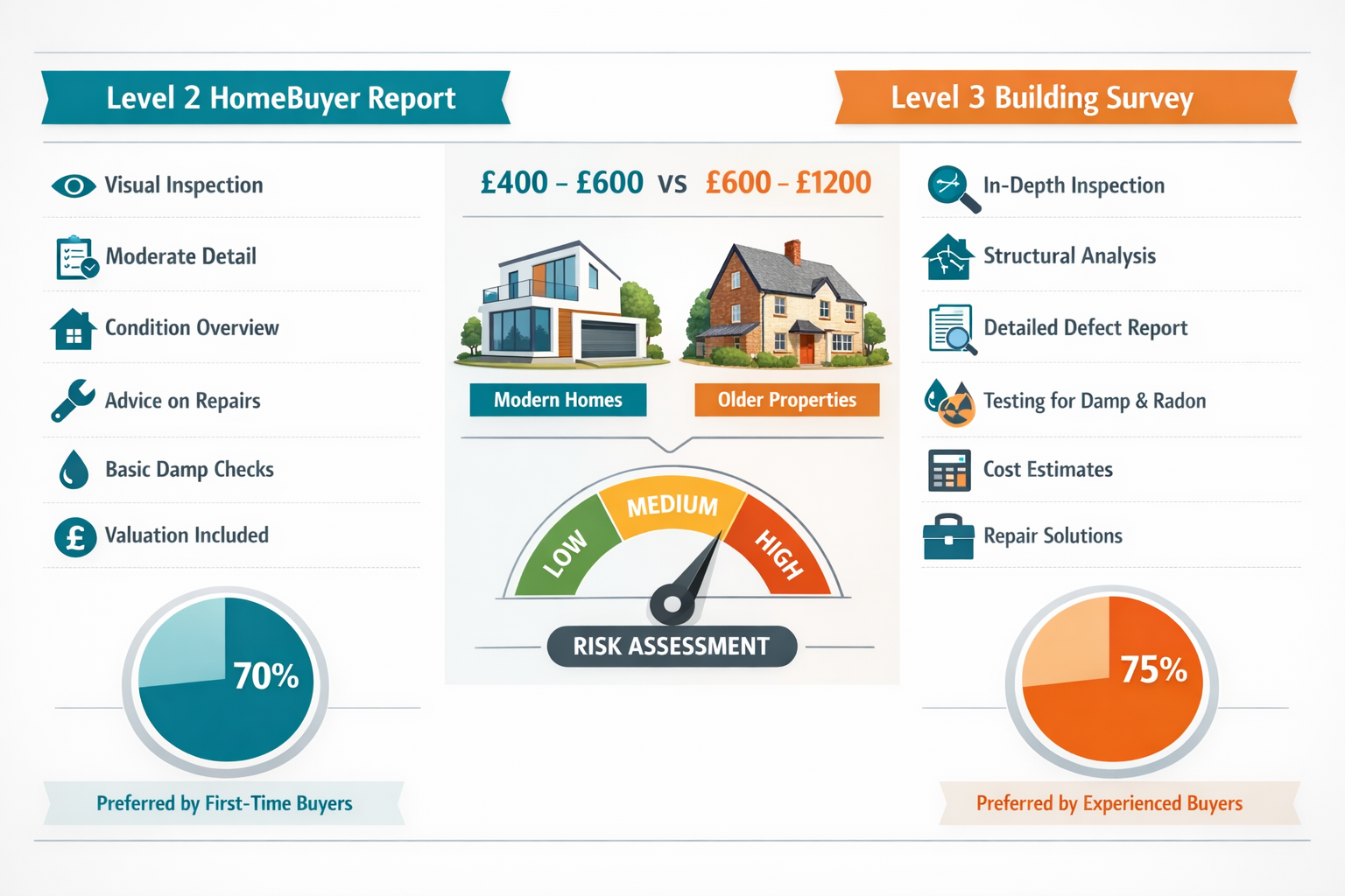 () detailed infographic showing Level 2 versus Level 3 building survey comparison chart with two columns side by side, left