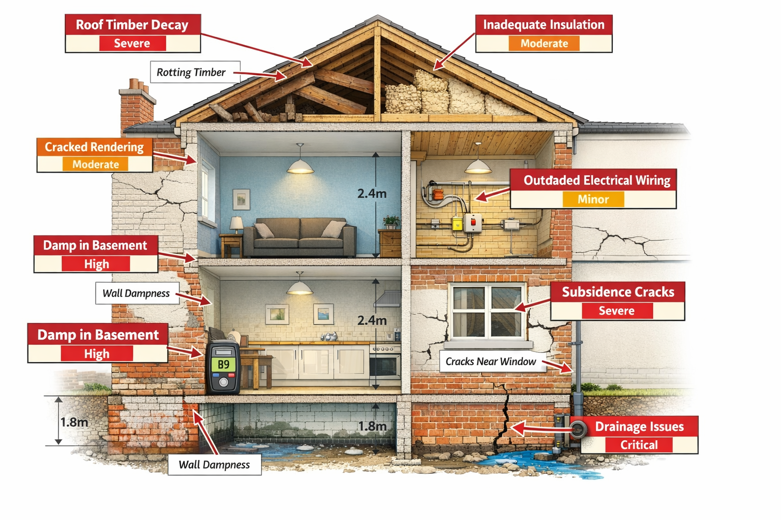 () detailed cutaway illustration of a two-story entry-level terraced house cross-section showing common structural defects