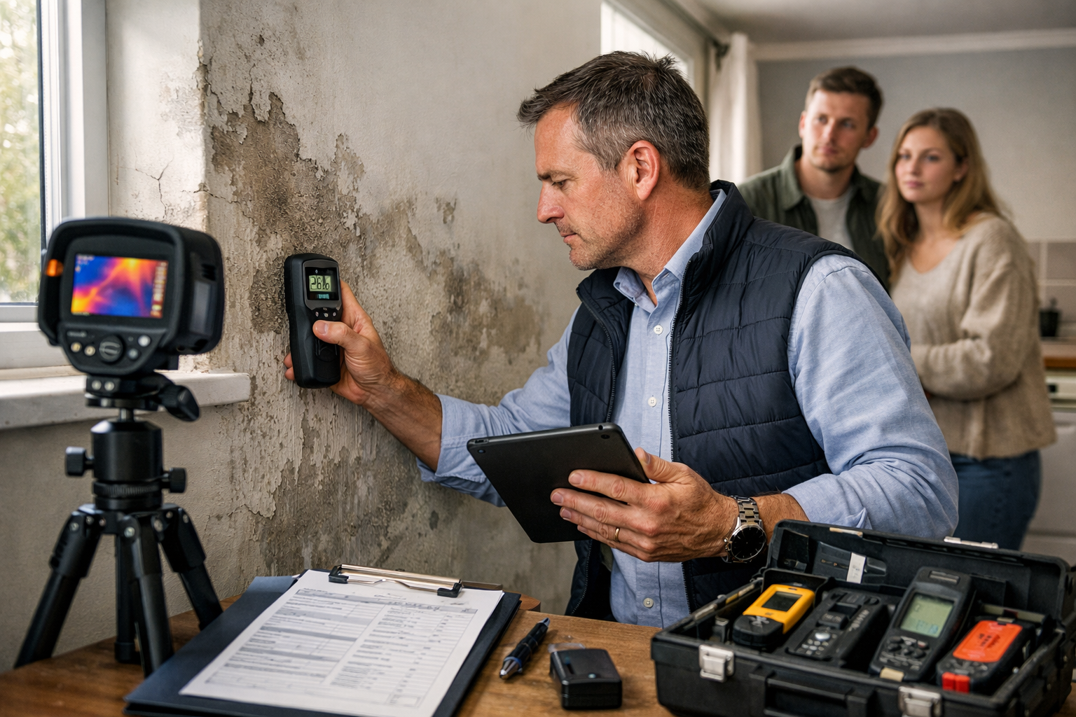 () professional photograph of qualified RICS chartered surveyor conducting detailed property inspection inside entry-level