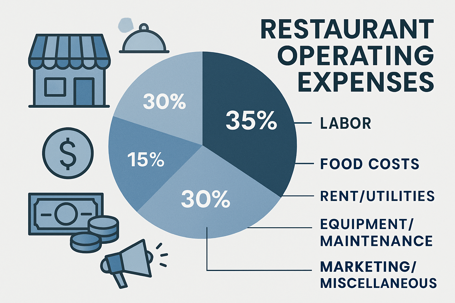 Infographic-style image visualizing restaurant operating expenses key takeaways, featuring a central pie chart breaking down major expense c