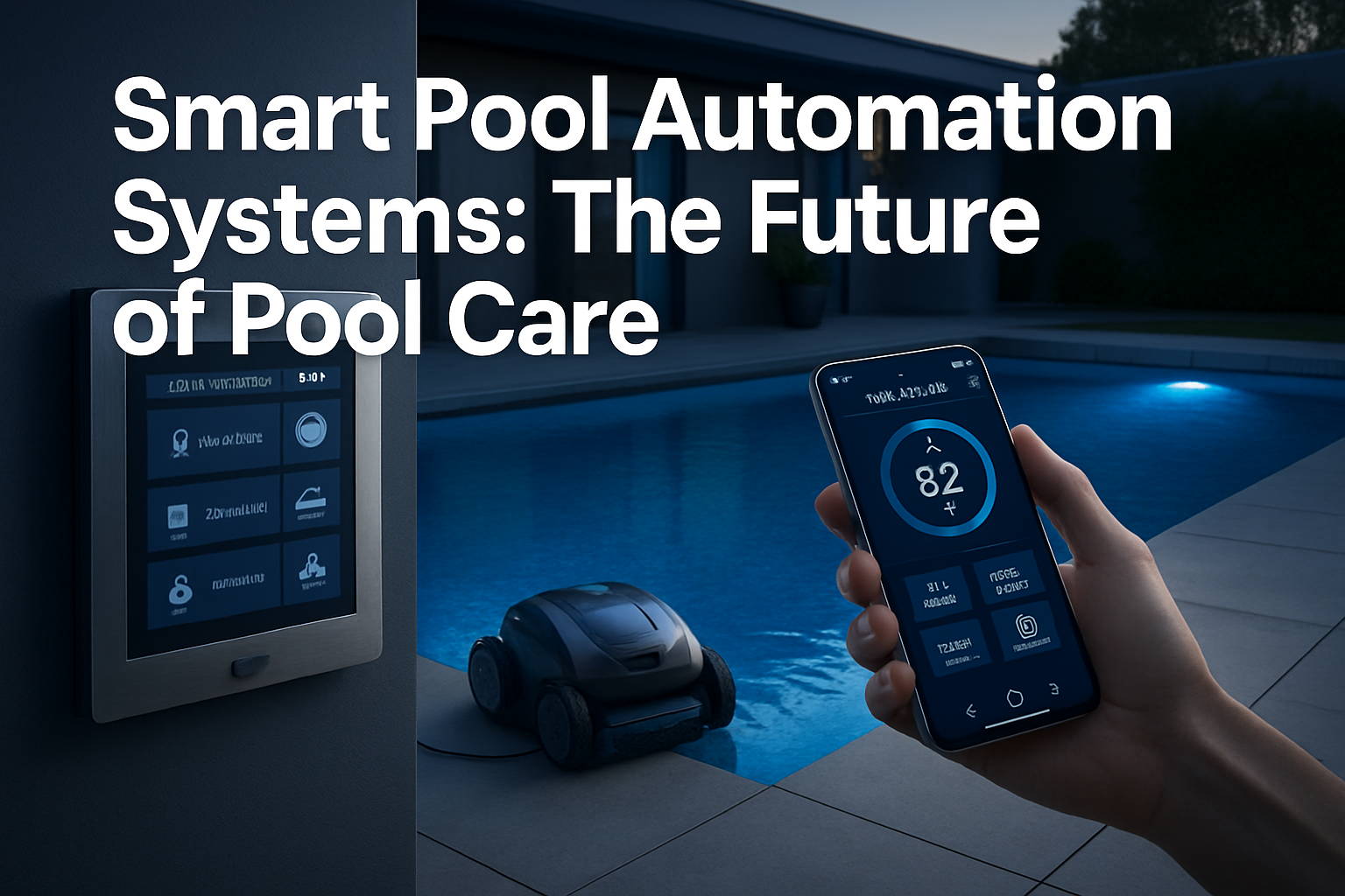 Professional landscape hero image (1536x1024) featuring bold text overlay 'Smart Pool Automation Systems: The Future of Pool Care' in extra 