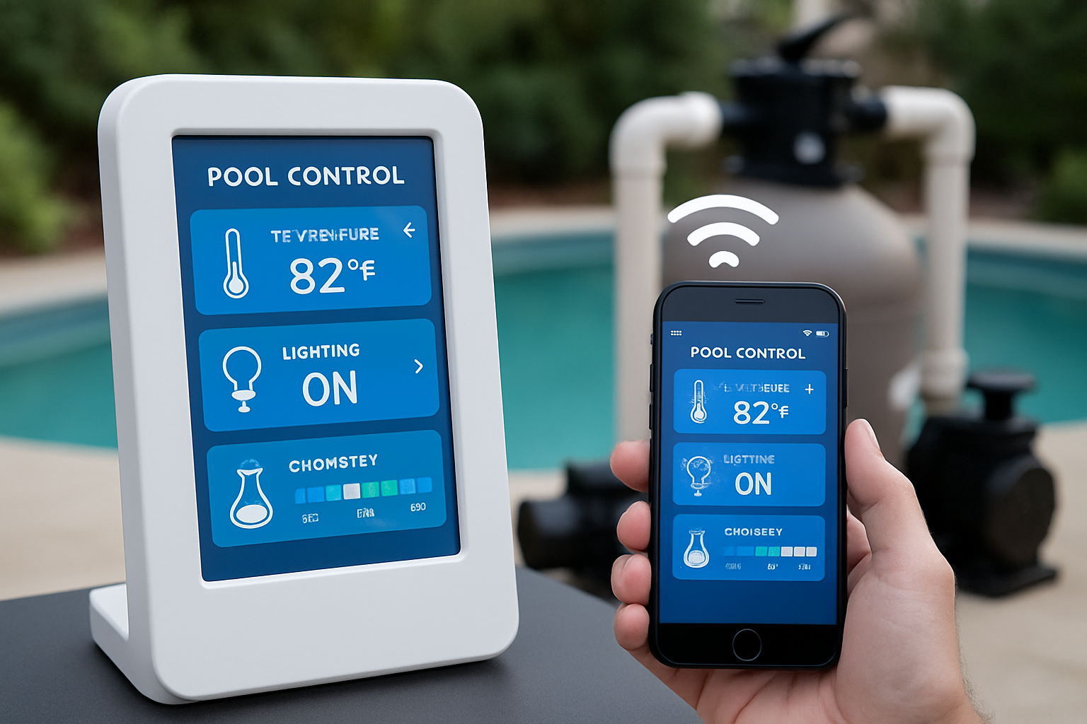 Modern pool automation control hub showing smartphone app interface controlling pool temperature, lighting, and chemical levels, with wirele